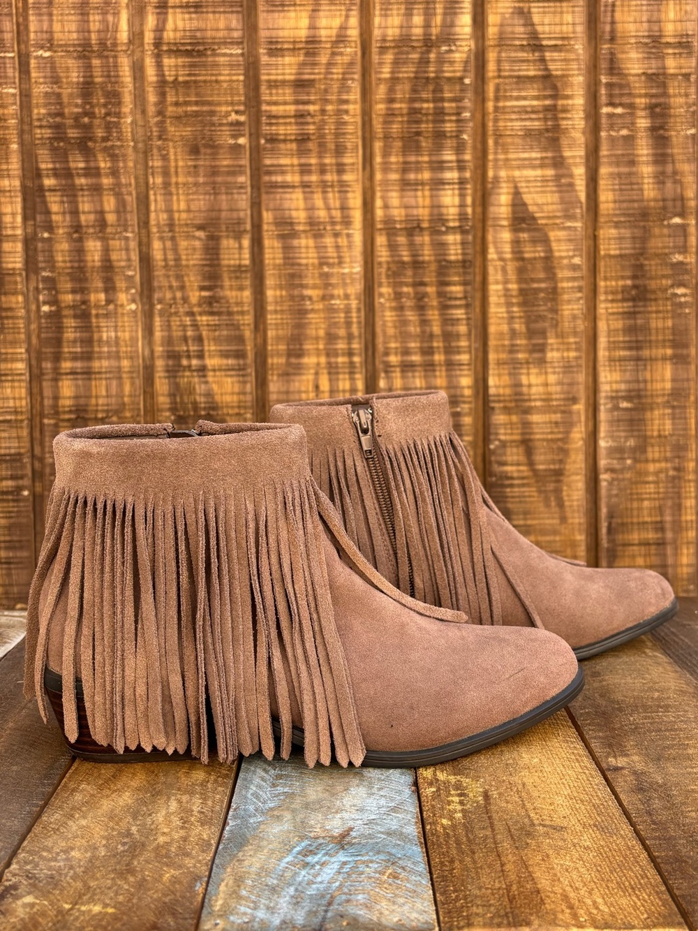 Steve Madden Ranco Fringe Taupe Leather Ankle Boots